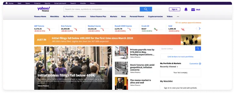 screenshot from yahoo finances