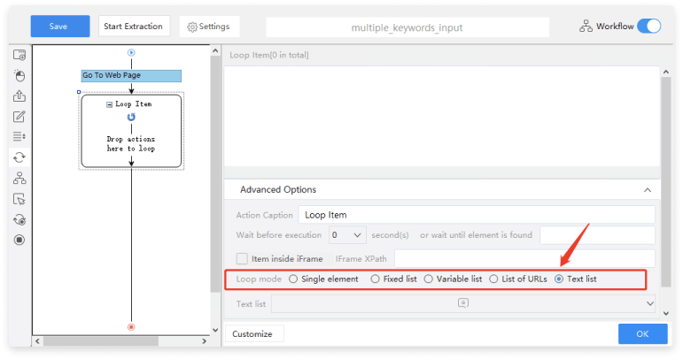 Getting Keywords list Data from Website with Octoparse Step 5