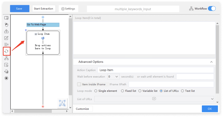 Getting Keywords list Data from Website with Octoparse Step 4